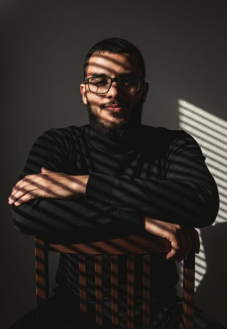Hoceine El Idrissi sitting backwards on a wooden chair, sunlight falling through window blinds