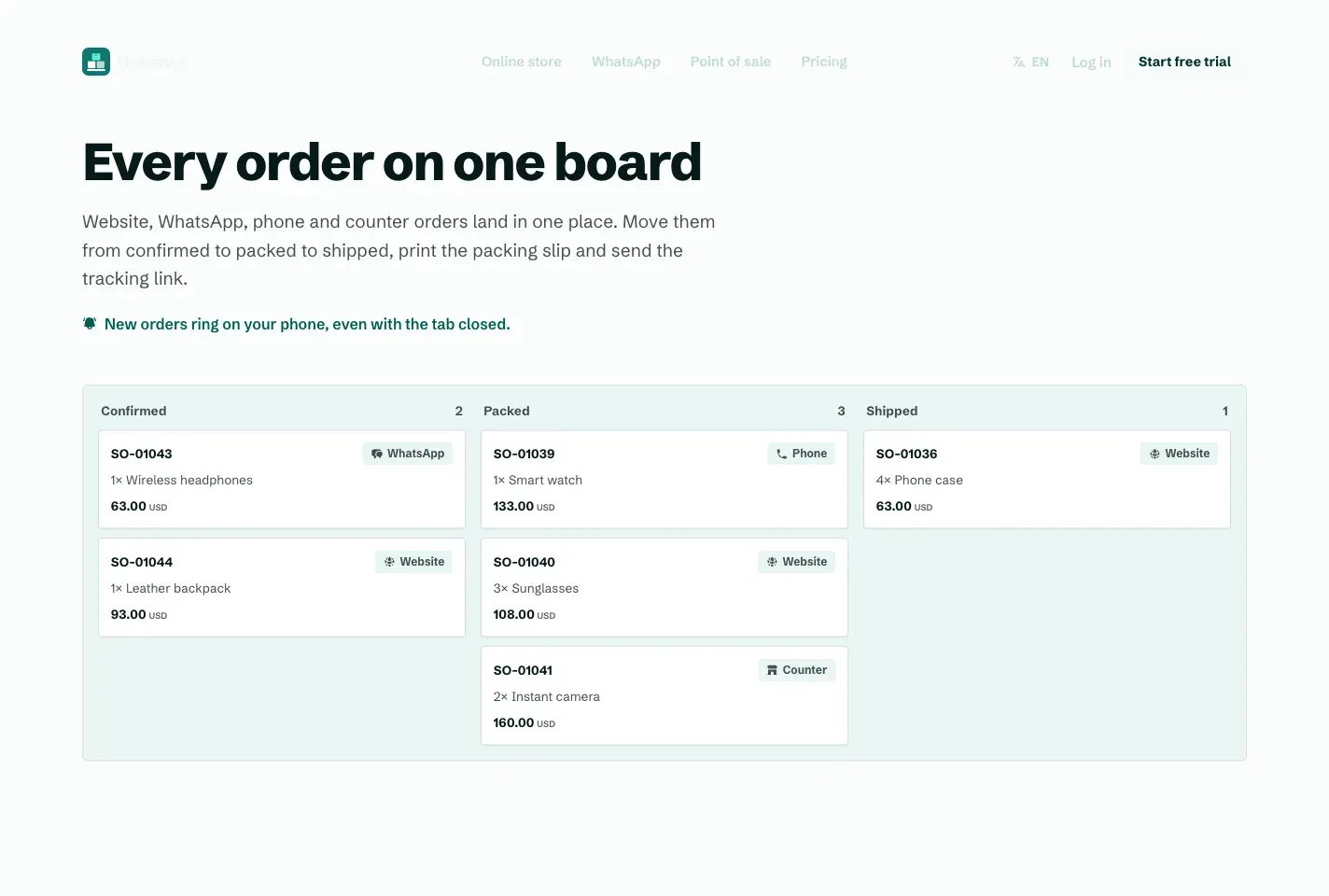 The order board, with orders from WhatsApp, the website, the phone and the counter