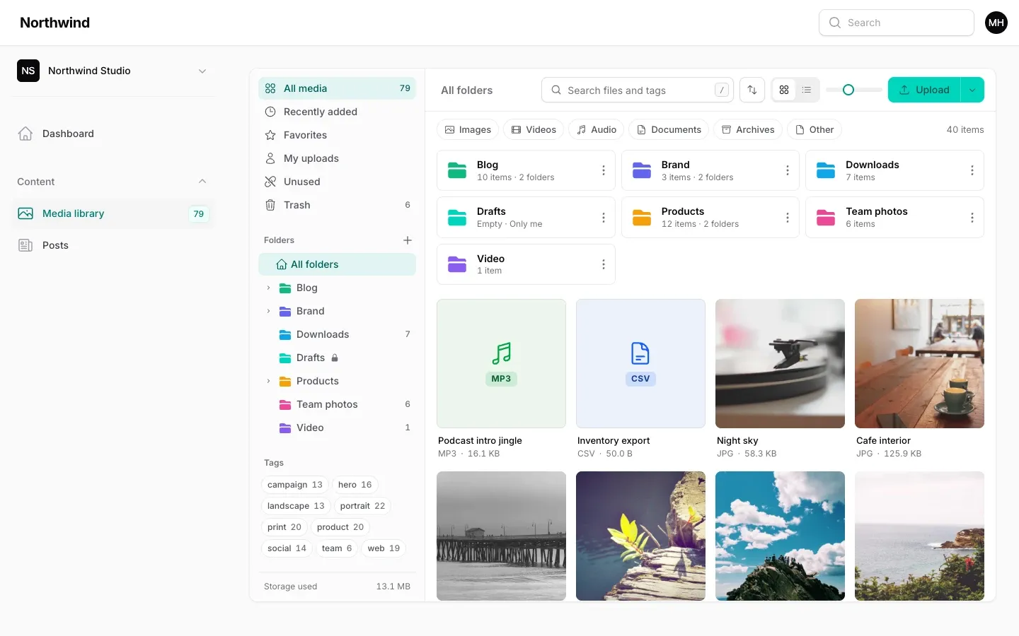The media library: folders, smart views, tags and a grid of files
