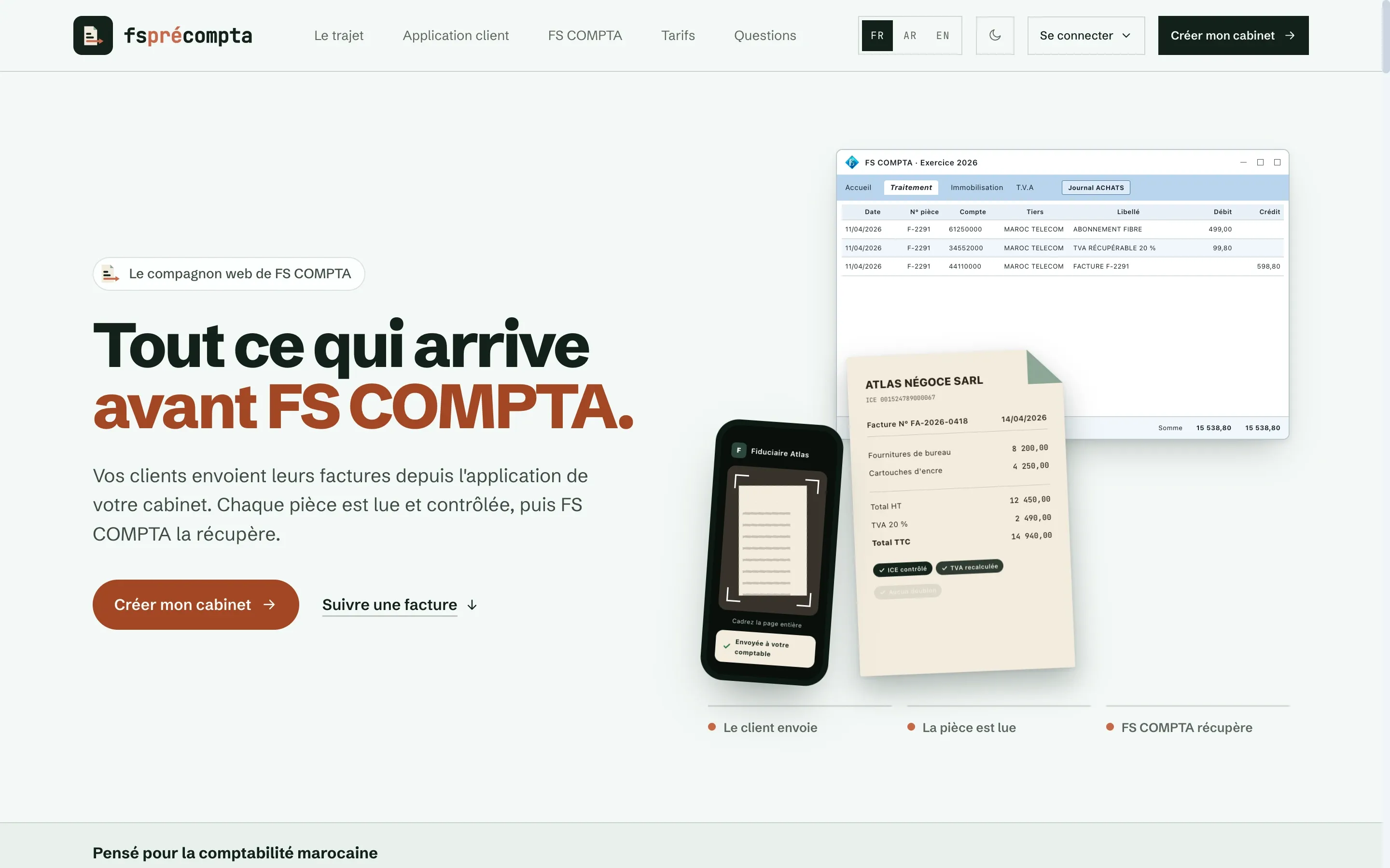 The fsprécompta landing page, with an invoice going from the client's phone to the FS COMPTA purchase journal