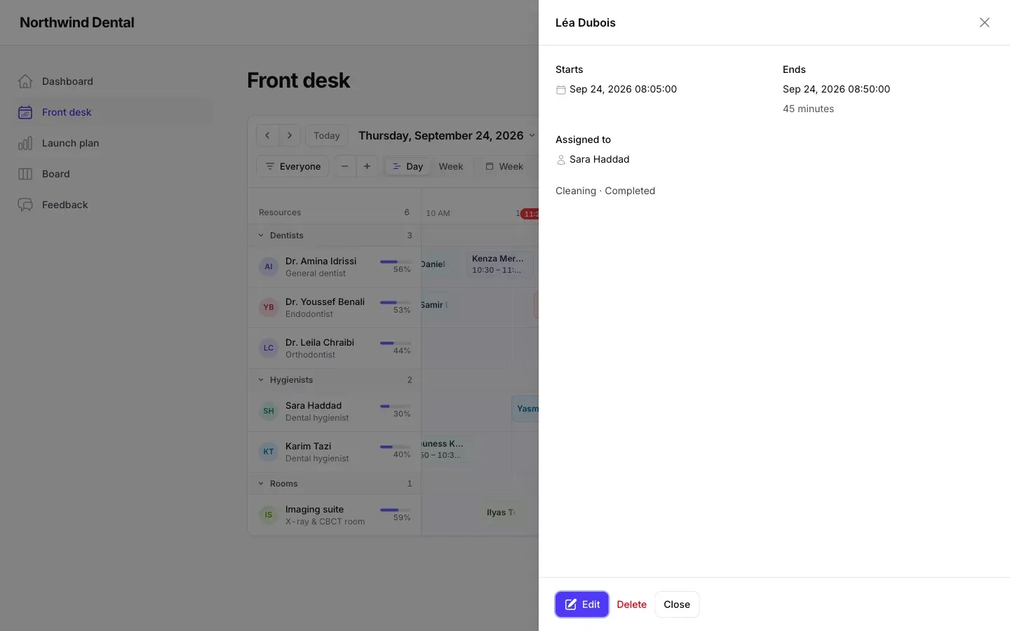 Clicking an event opens a slide-over with its details, Edit and Delete