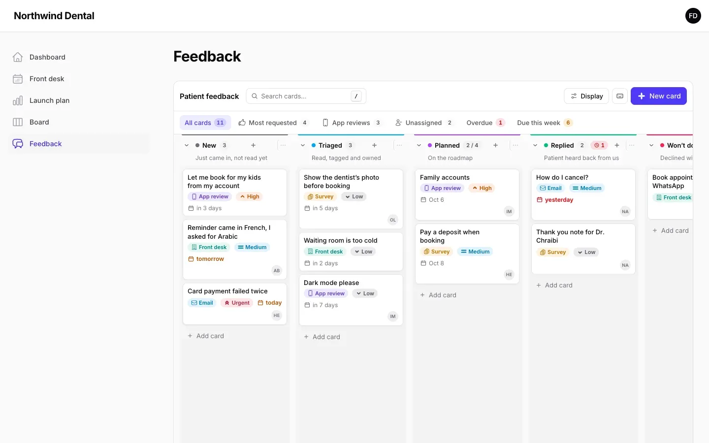 A Kanban board with user-managed columns, rich cards and saved views