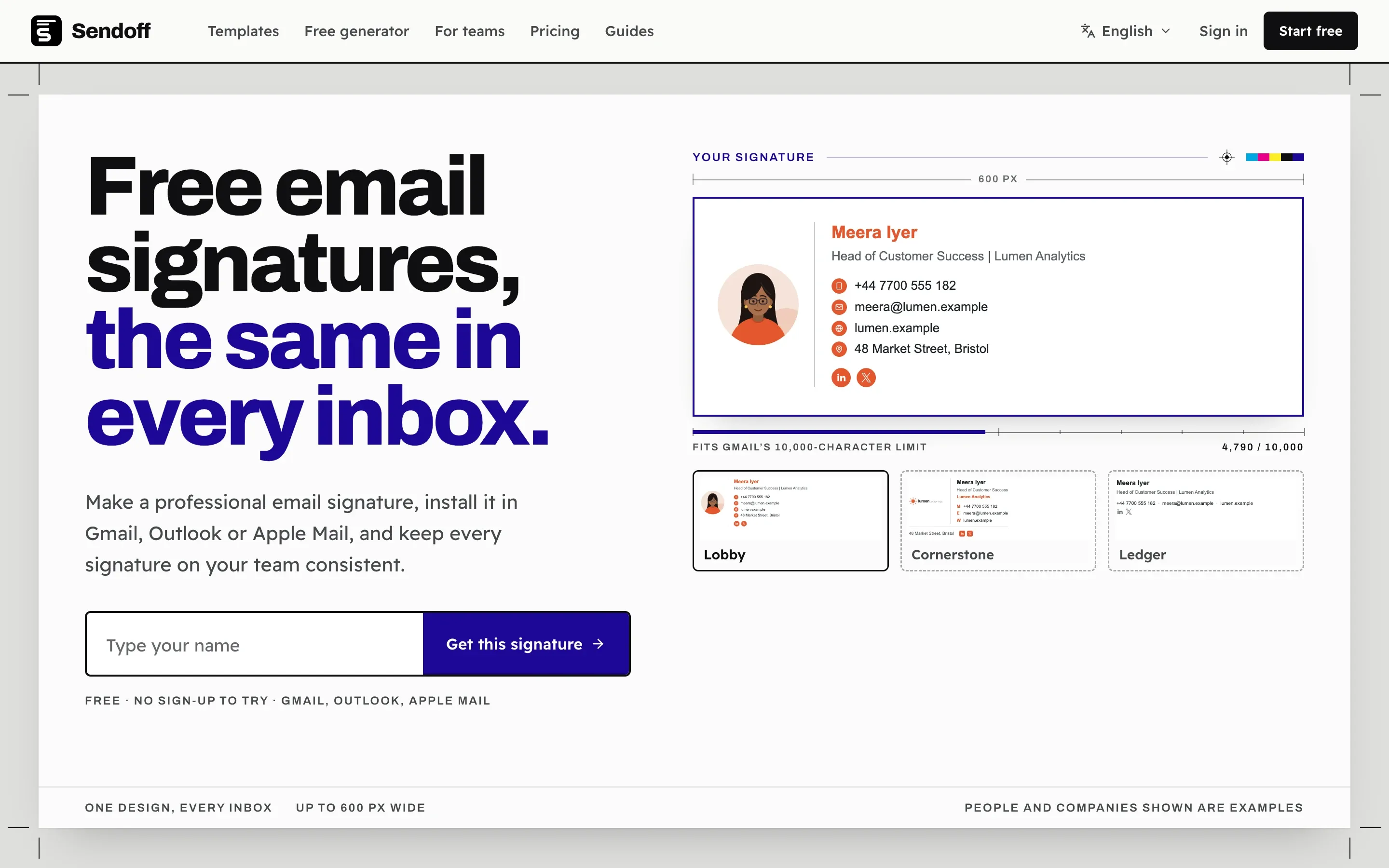 The Sendoff home page, with a live signature preview