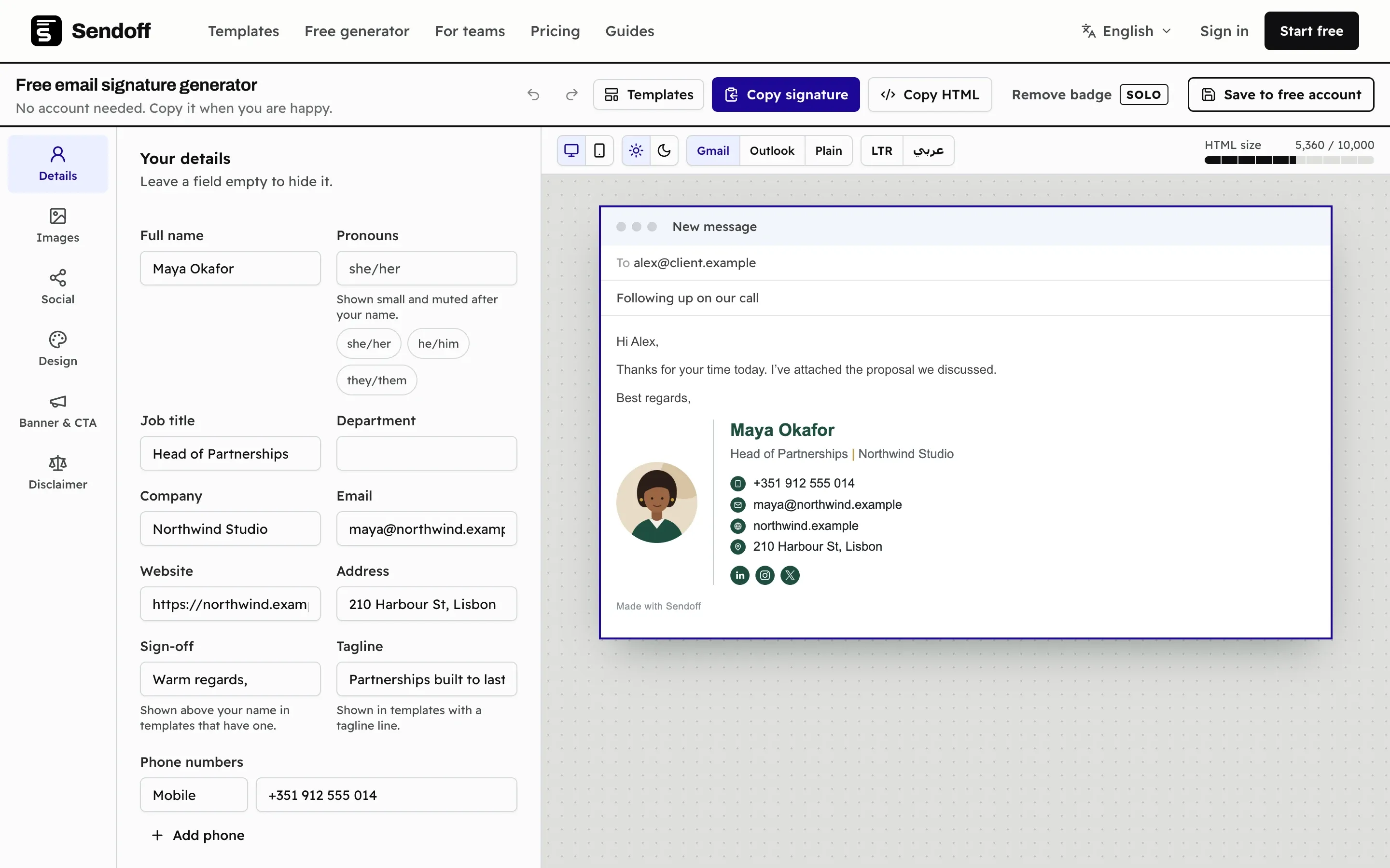 The free generator with a Gmail preview