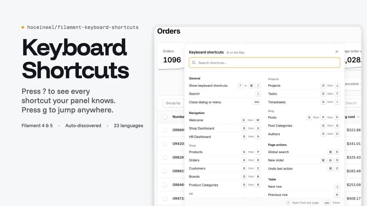 Keyboard Shortcuts: اختصارات لوحة المفاتيح للوحات Filament