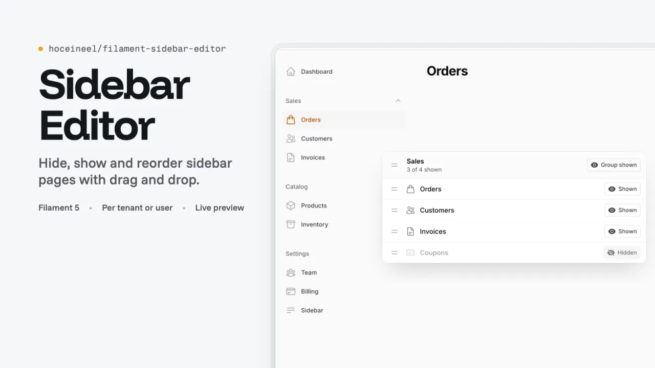 Sidebar Editor: تعديل القائمة الجانبية لـ Filament بالسحب والإفلات