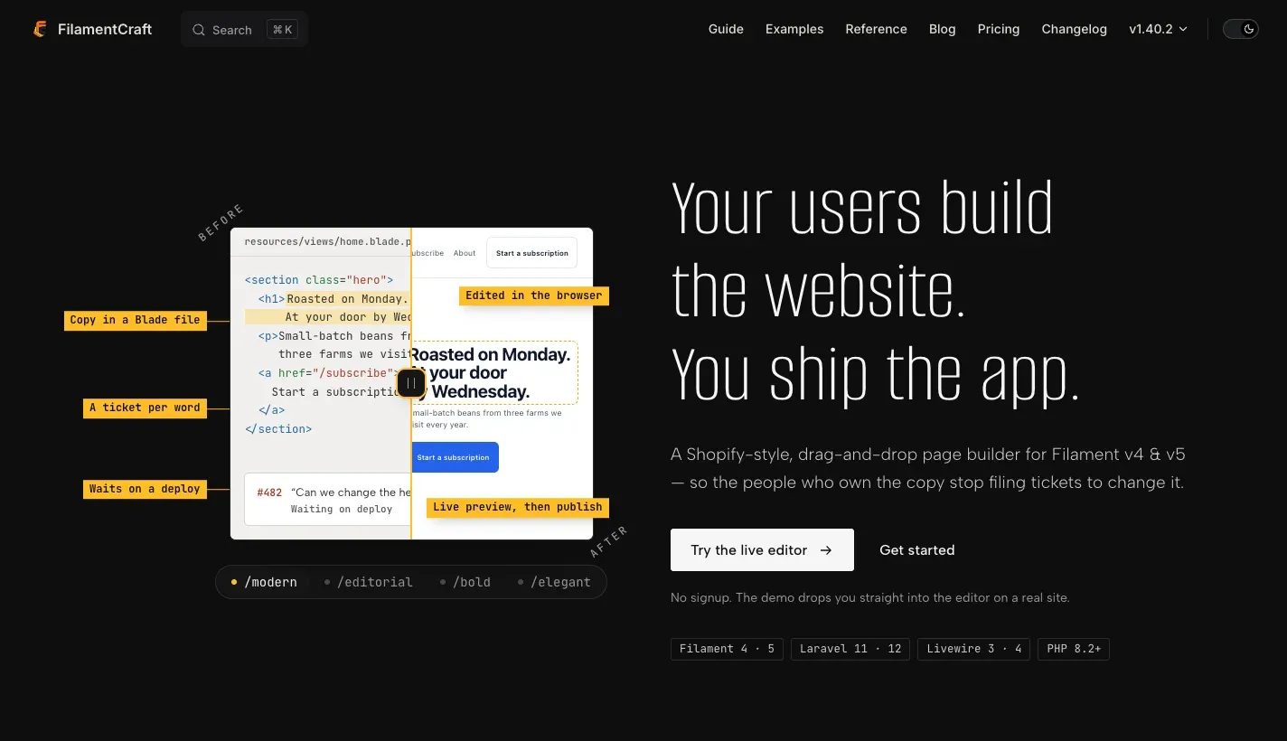 Screenshot of FilamentCraft: Visual website builder for Filament