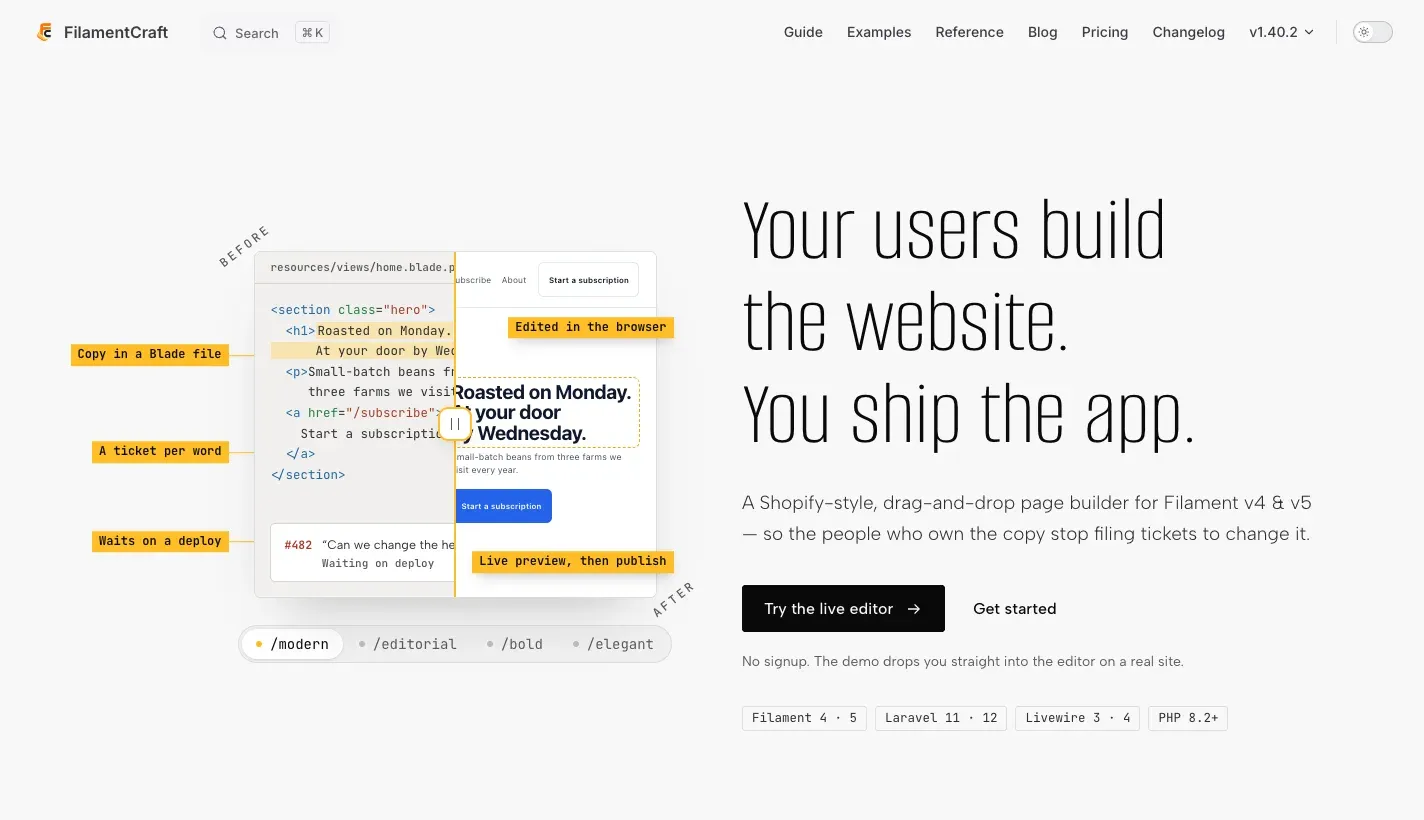 Screenshot of FilamentCraft: Visual website builder for Filament